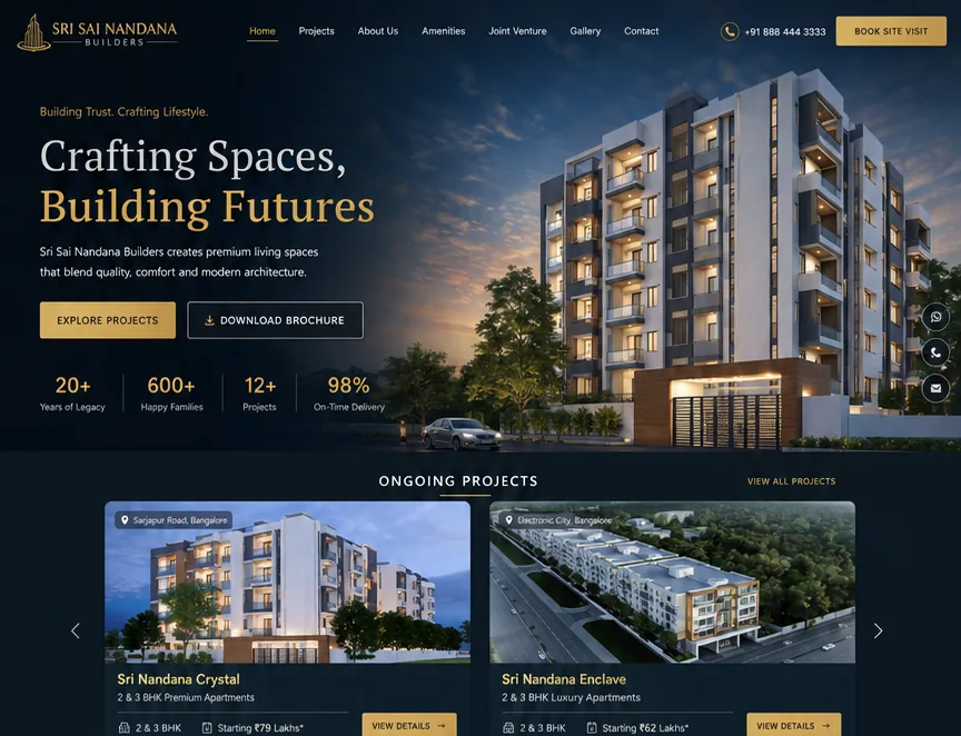Sri Sai Nandana Builders real estate website developed by TechB Software Solutions